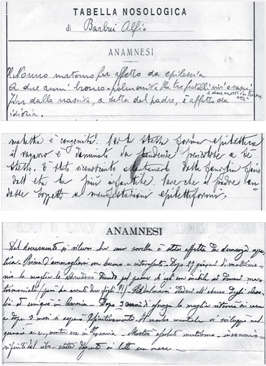 Fig. 3. Esempi estrapolati da tre cartelle cliniche dove si riscontra il fattore ereditario usato come supporto alla diagnosi (casi di disturbi in famiglia).