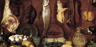 Jacopo Chimenti, Dispensa con pesce, carne, uova sode e fiasca di vino, 1625