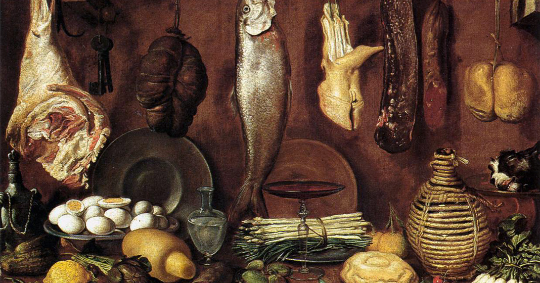 Jacopo Chimenti, Dispensa con pesce, carne, uova sode e fiasca di vino, 1625