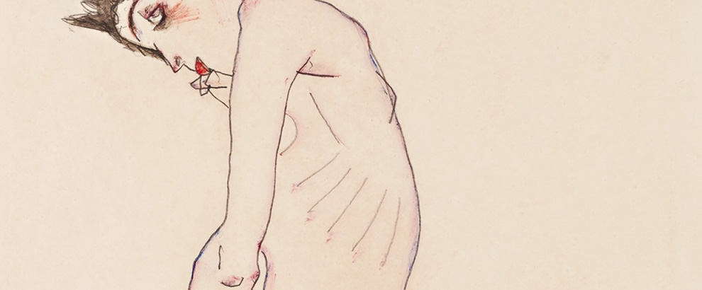DEgon Schiele, Ragazza inginocchiata su un cuscino rosso, 1913 (particolare)